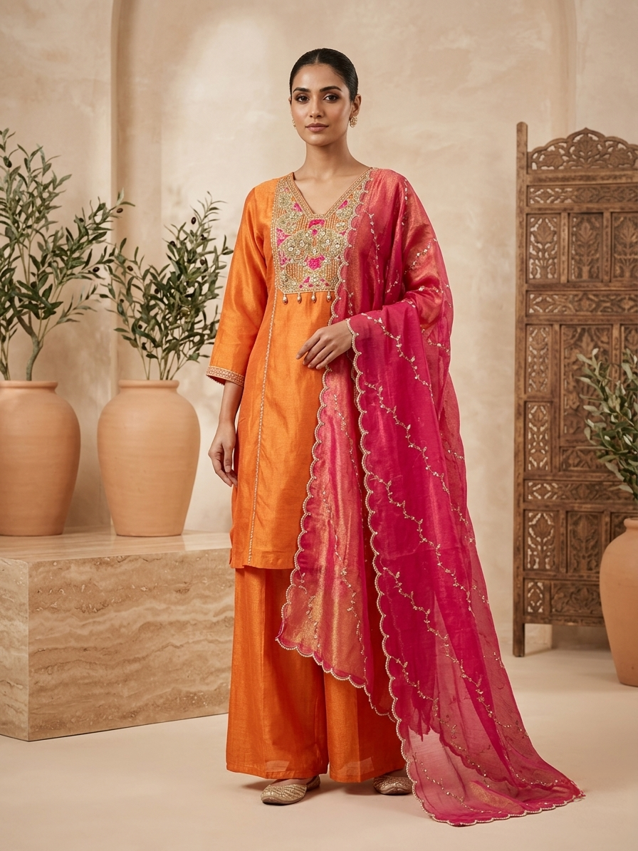 Orange Chinon Short Anarkali Suit Set for Women | Embroidered Hand Work Festive Wear