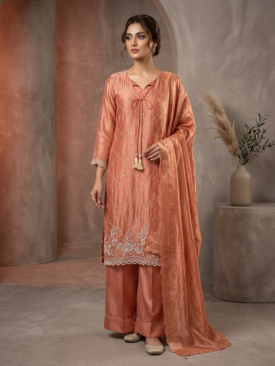 Gajri Frendy Fabric 3 Piece Suit Set for Women | Bead Work Straight Suit Elegant Ethnic Wear