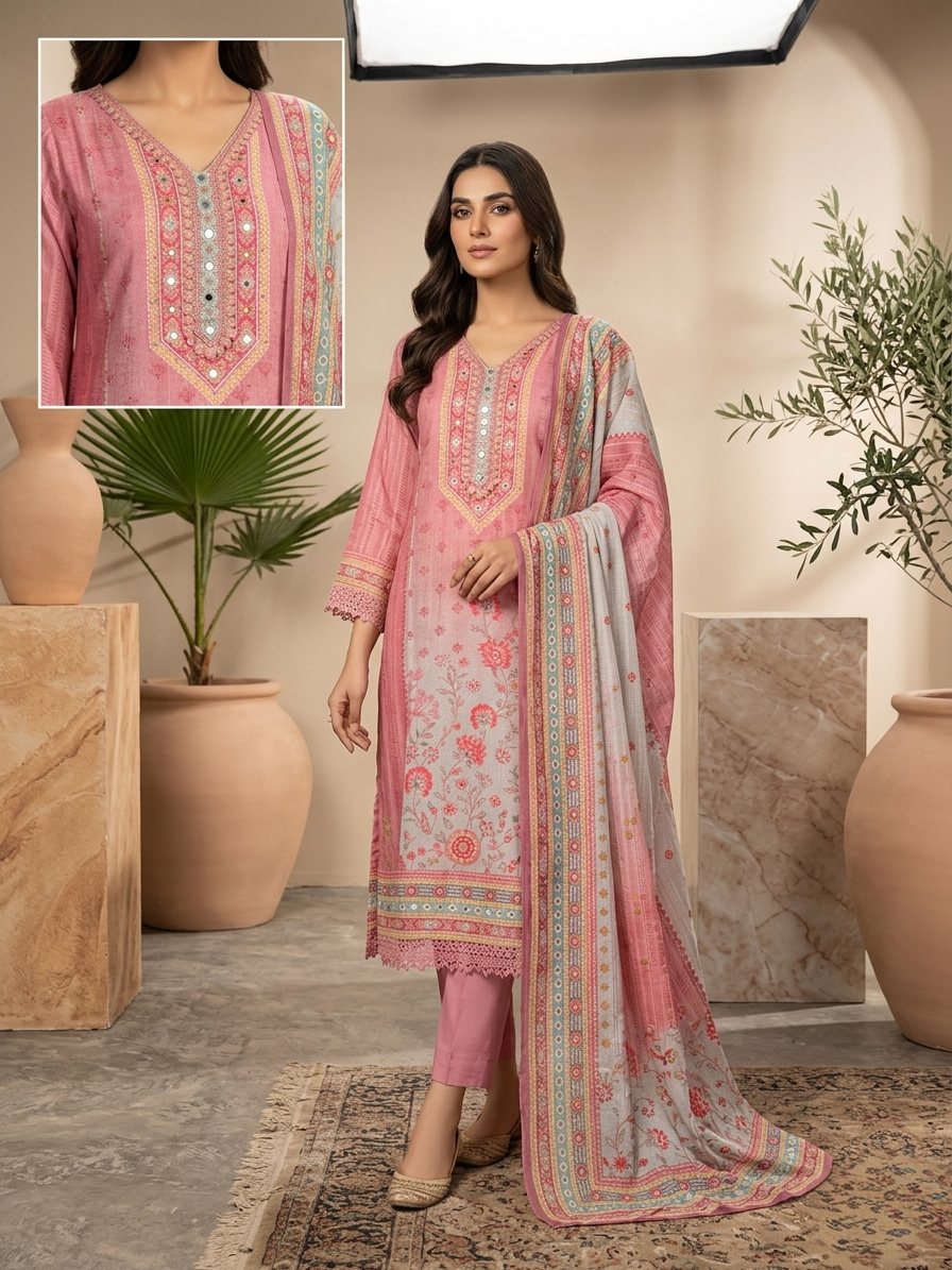 Baby Pink Natural Crepe Mirror Work 3 Piece Suit Set for Women | Lace Work Straight Ethnic Wear
