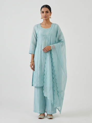 Sky Blue Organza Bead Work 3 Piece Anarkali Suit Set for Women | Elegant Short Anarkali Ethnic Wear