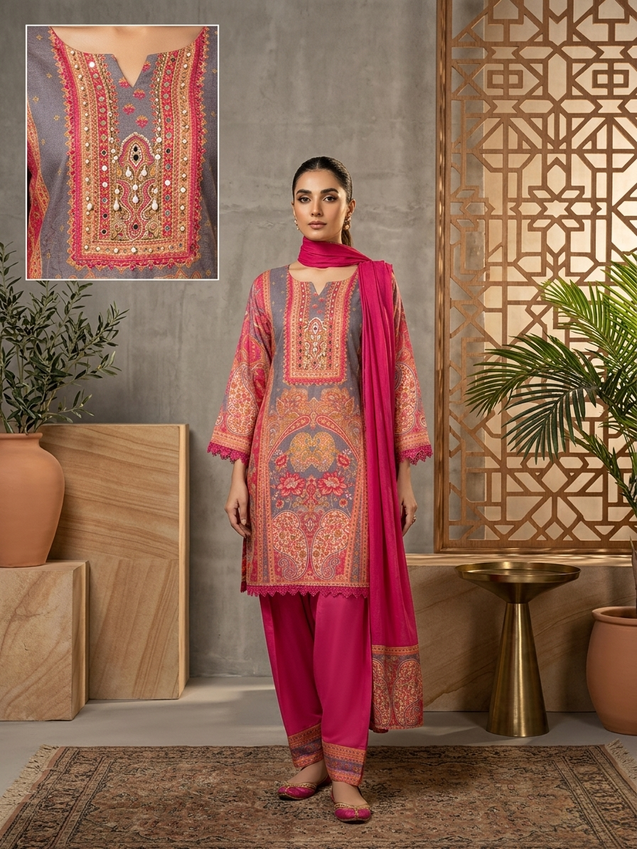 Dark Pink Crepe Straight Suit Set for Women | Mirror & Lace Work Designer Ethnic Wear