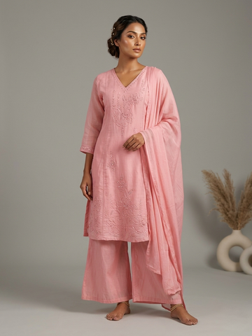 Baby Pink Organza Short Anarkali Suit Set for Women | Bead Work 3 Piece Elegant Party Wear