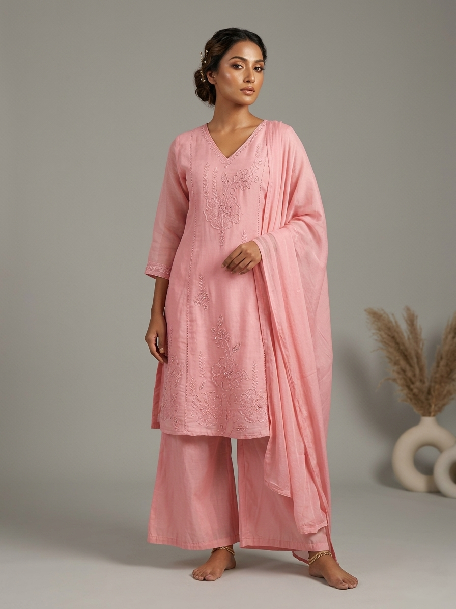 Baby Pink Organza Short Anarkali Suit Set for Women | Bead Work 3 Piece Elegant Party Wear