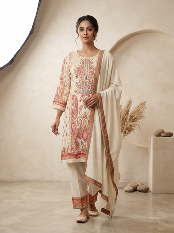 Cream Crepe Pakistani Style Suit Set for Women | Designer Printed Elegant Ethnic Wear