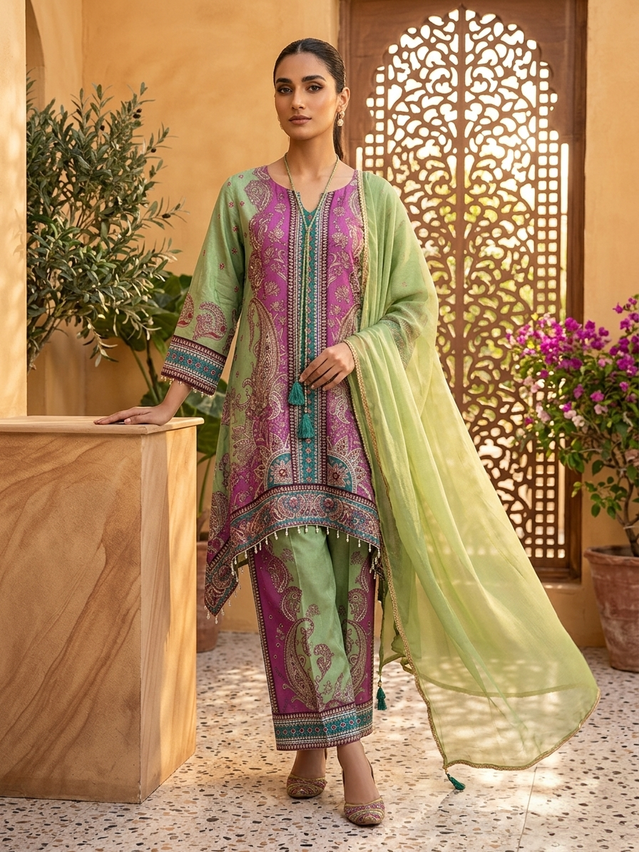 Pista Green Pakistani Style Suit Set for Women | Mirror Work Digital Print Crepe Ethnic Wear