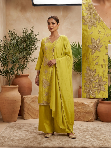 Mustard Chinon Bead Work Straight Suit Set for Women | Elegant 3 Piece Festive Wear