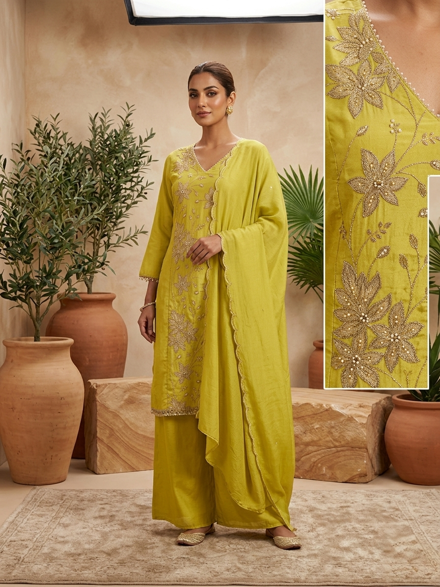 Mustard Chinon Bead Work Straight Suit Set for Women | Elegant 3 Piece Festive Wear