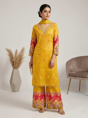 Yellow Floral Short Anarkali Suit Set for Women | Chinon Hand & Machine Work 3 Piece Ethnic Wear