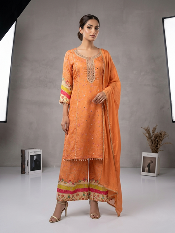 Chinon Orange Organza Straight Suit Set for Women | Hand Work Digital Print Festive Wear