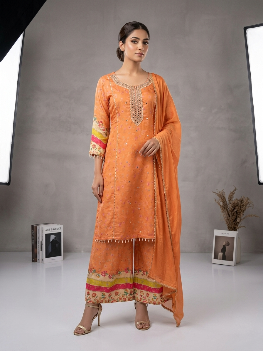 Chinon Orange Organza Straight Suit Set for Women | Hand Work Digital Print Festive Wear