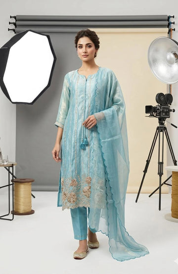 Frozi Organza Sequin Handwork 3 Piece Kurti Pant Dupatta Set for Women | Designer Ethnic Wear