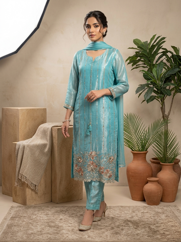 Sky Blue Fendi Straight Suit Set for Women | Bead Work 3 Piece Elegant Party & Festive Wear