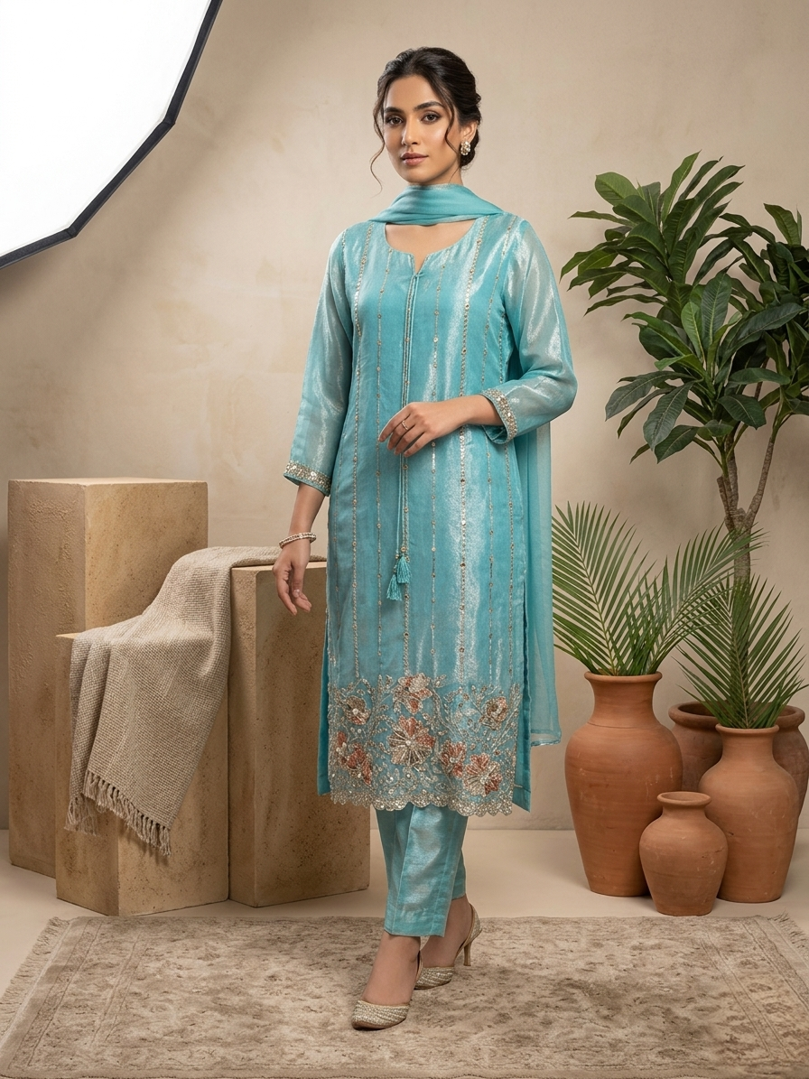 Sky Blue Fendi Straight Suit Set for Women | Bead Work 3 Piece Elegant Party & Festive Wear