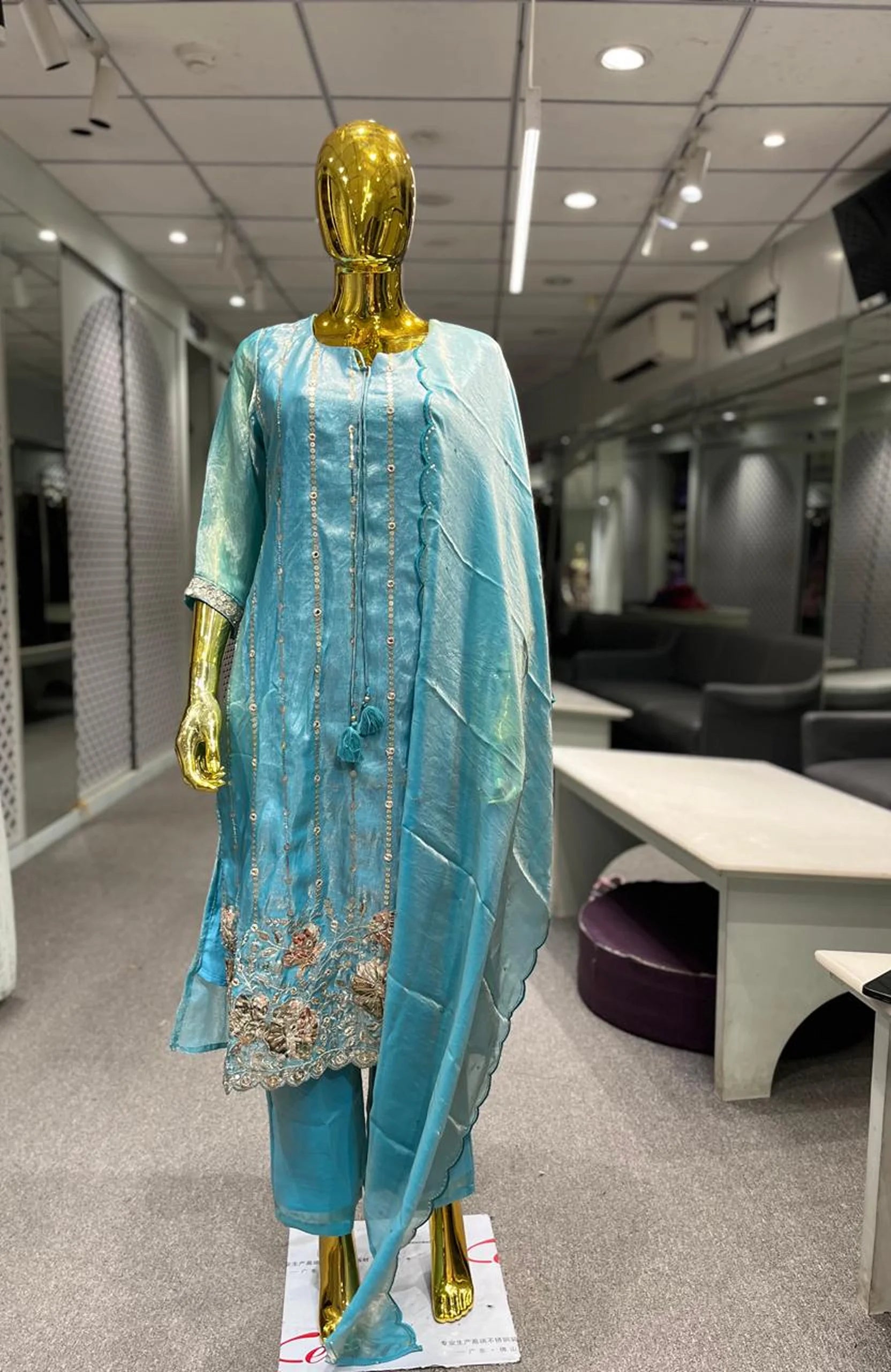 Frozi Organza Sequin Handwork 3 Piece Kurti Pant Dupatta Set for Women | Designer Ethnic Wear
