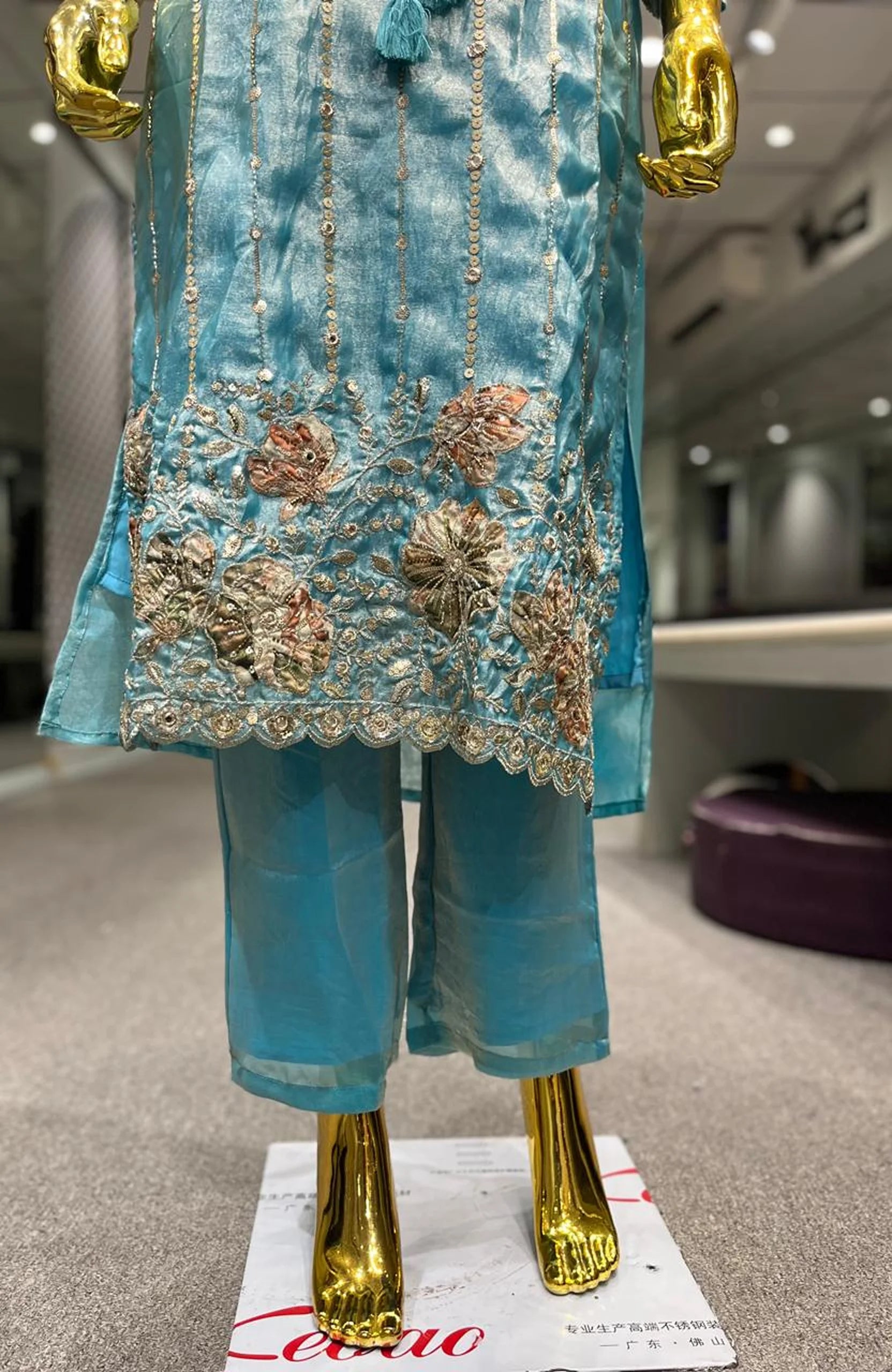 Frozi Organza Sequin Handwork 3 Piece Kurti Pant Dupatta Set for Women | Designer Ethnic Wear