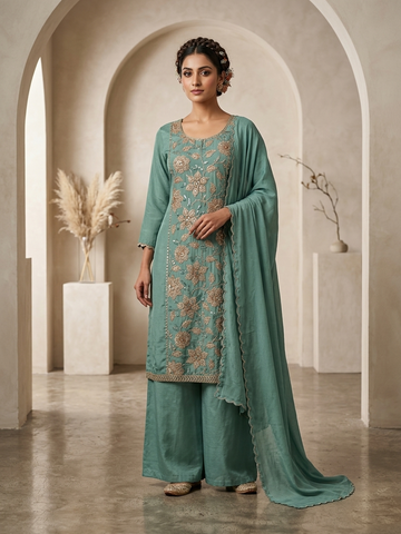 Dusty Green Chinon Bead Work 3 Piece Suit Set for Women | Elegant Straight Suit Festive Wear
