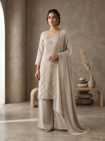 Cement Colour Chinon Bead Work Straight Suit Set for Women | Elegant 3 Piece Ethnic Wear