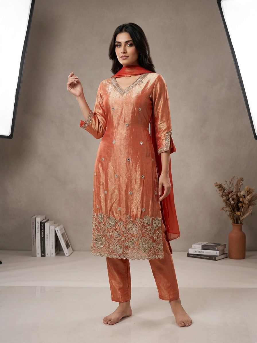 Gajri Fendi Straight Suit Set for Women | Bead Work 3 Piece Festive & Party Wear