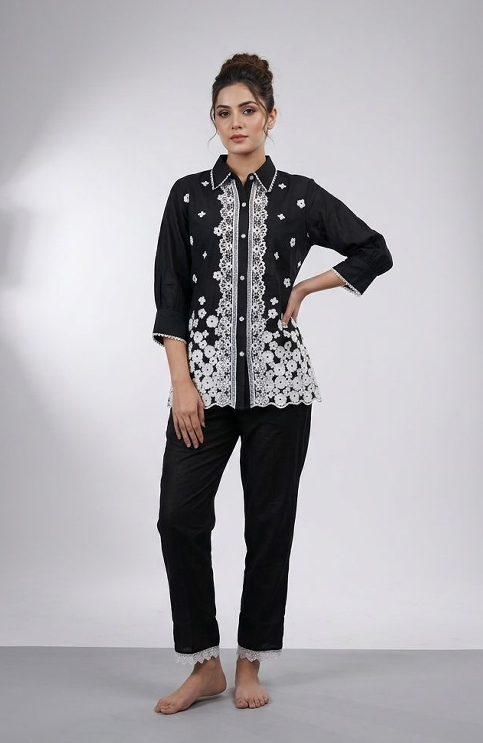 Black Cotton Silk Embroidered Co-Ord Set for Women | Designer Lace Work Cord Set