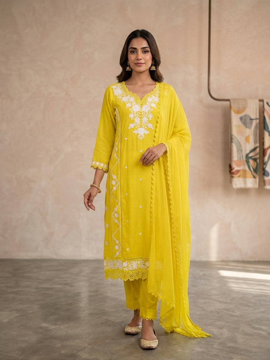 Yellow Rayon Embroidered Straight Suit Set for Women | Lace Work 3 Piece Ethnic Wear