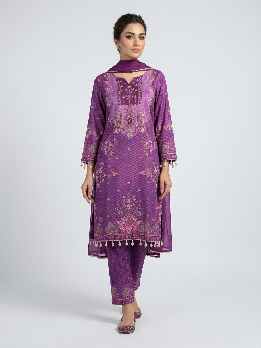 Purple Hand Work Straight Suit Set for Women | Natural Crepe 3 Piece Digital Print Kurta Set with Dupatta