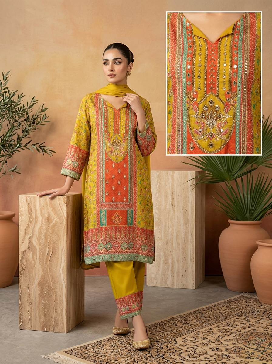 Mustard Gota Patti Short Anarkali Suit Set for Women | Digital Print 3 Piece Ethnic Wear