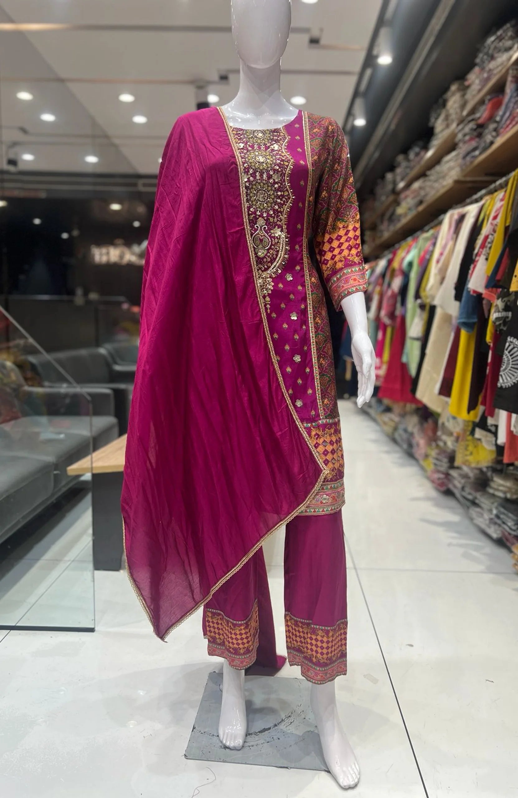 Deep Pink Gota Patti Short Anarkali Suit Set for Women | Digital Print 3 Piece Festive Wear