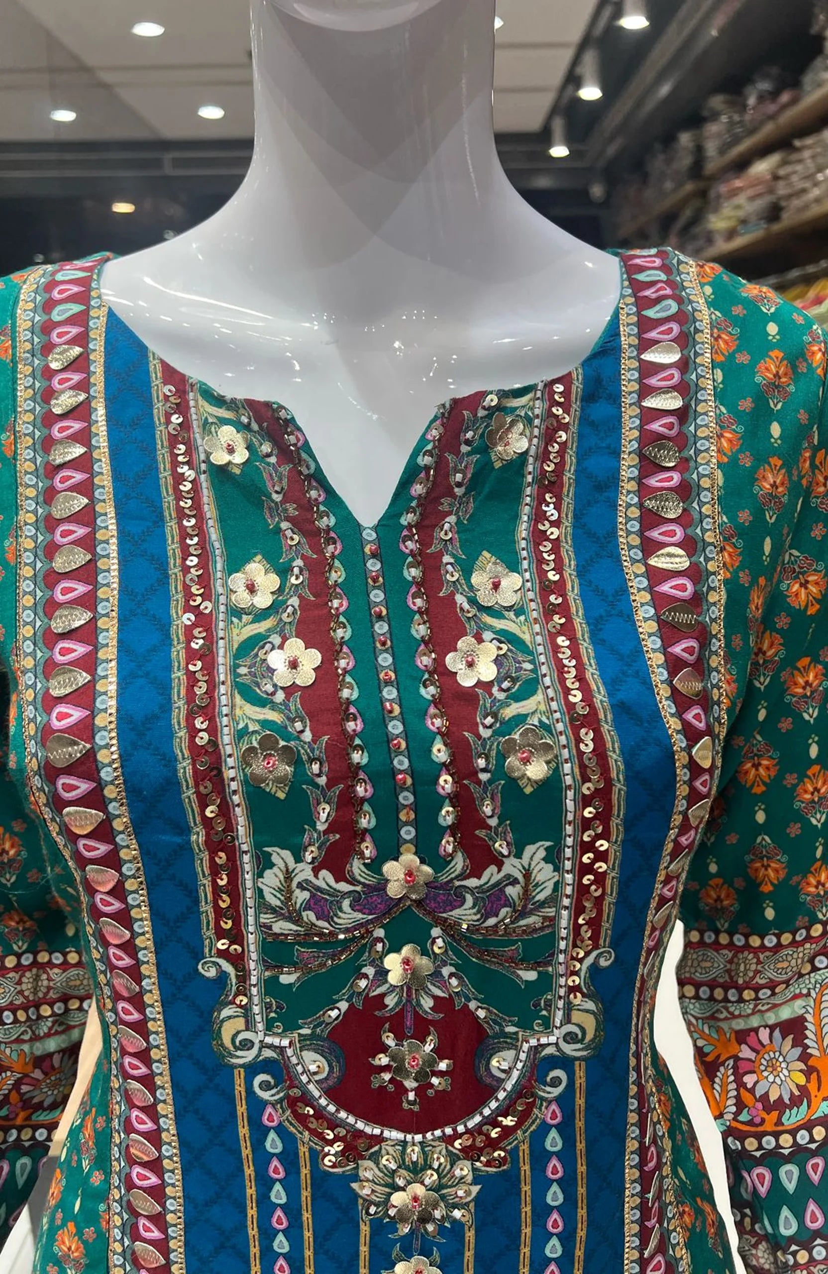 Deep Green Natural Crepe Short Anarkali Suit Set for Women | Gota Patti Work Digital Print Ethnic Wear