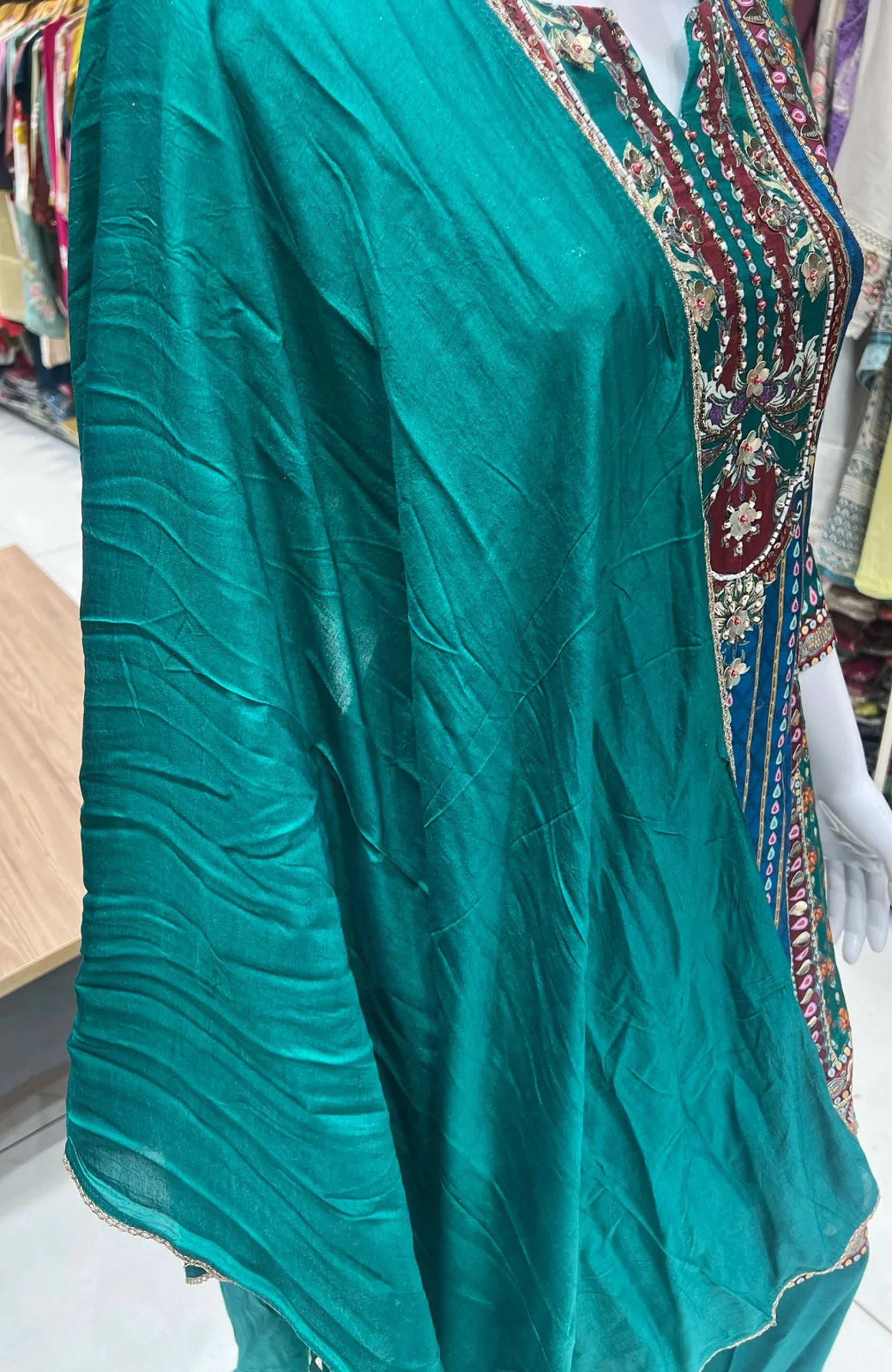 Deep Green Natural Crepe Short Anarkali Suit Set for Women | Gota Patti Work Digital Print Ethnic Wear