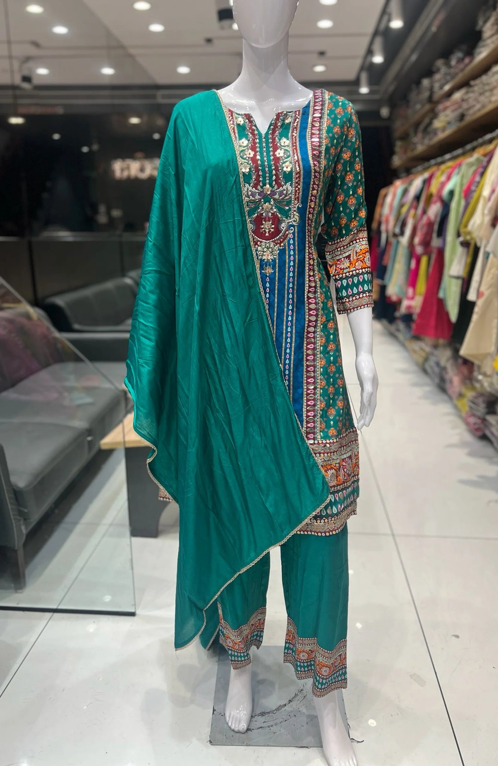 Deep Green Natural Crepe Short Anarkali Suit Set for Women | Gota Patti Work Digital Print Ethnic Wear