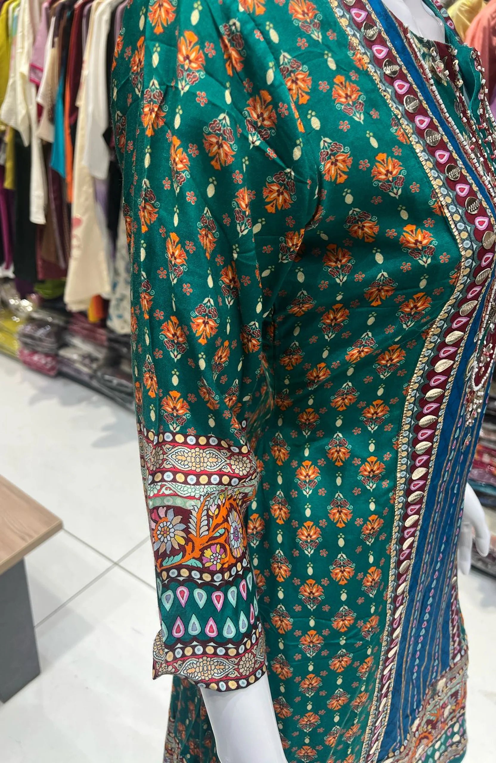 Deep Green Natural Crepe Short Anarkali Suit Set for Women | Gota Patti Work Digital Print Ethnic Wear