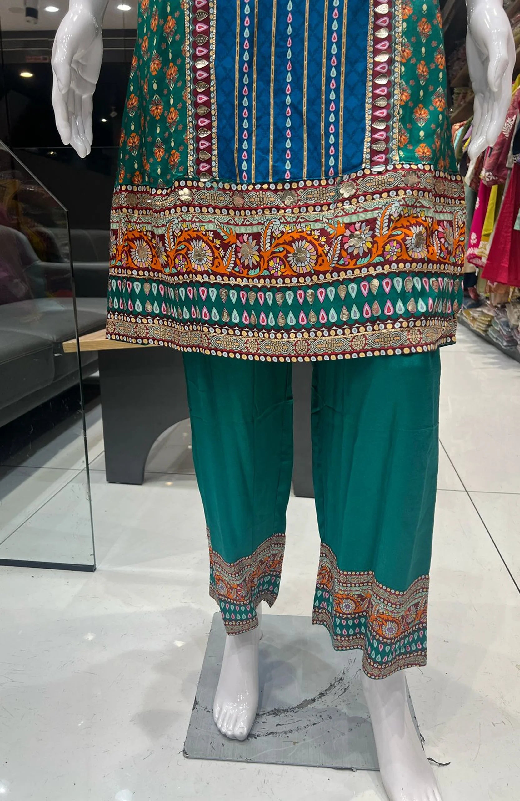 Deep Green Natural Crepe Short Anarkali Suit Set for Women | Gota Patti Work Digital Print Ethnic Wear