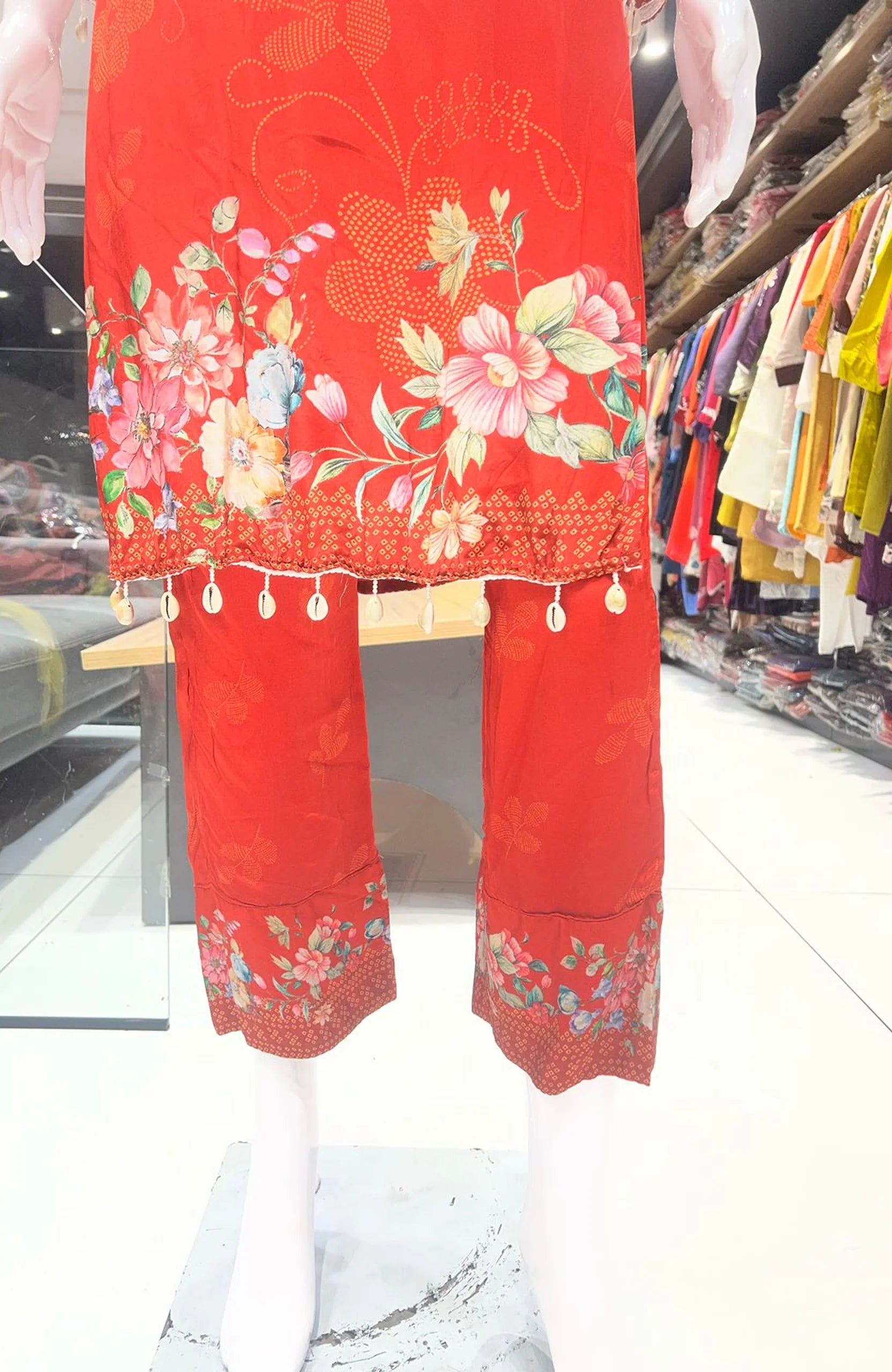 Deep Orange Natural Crepe Straight Suit Set for Women | Mirror & Lace Work Festive 3 Piece Suit