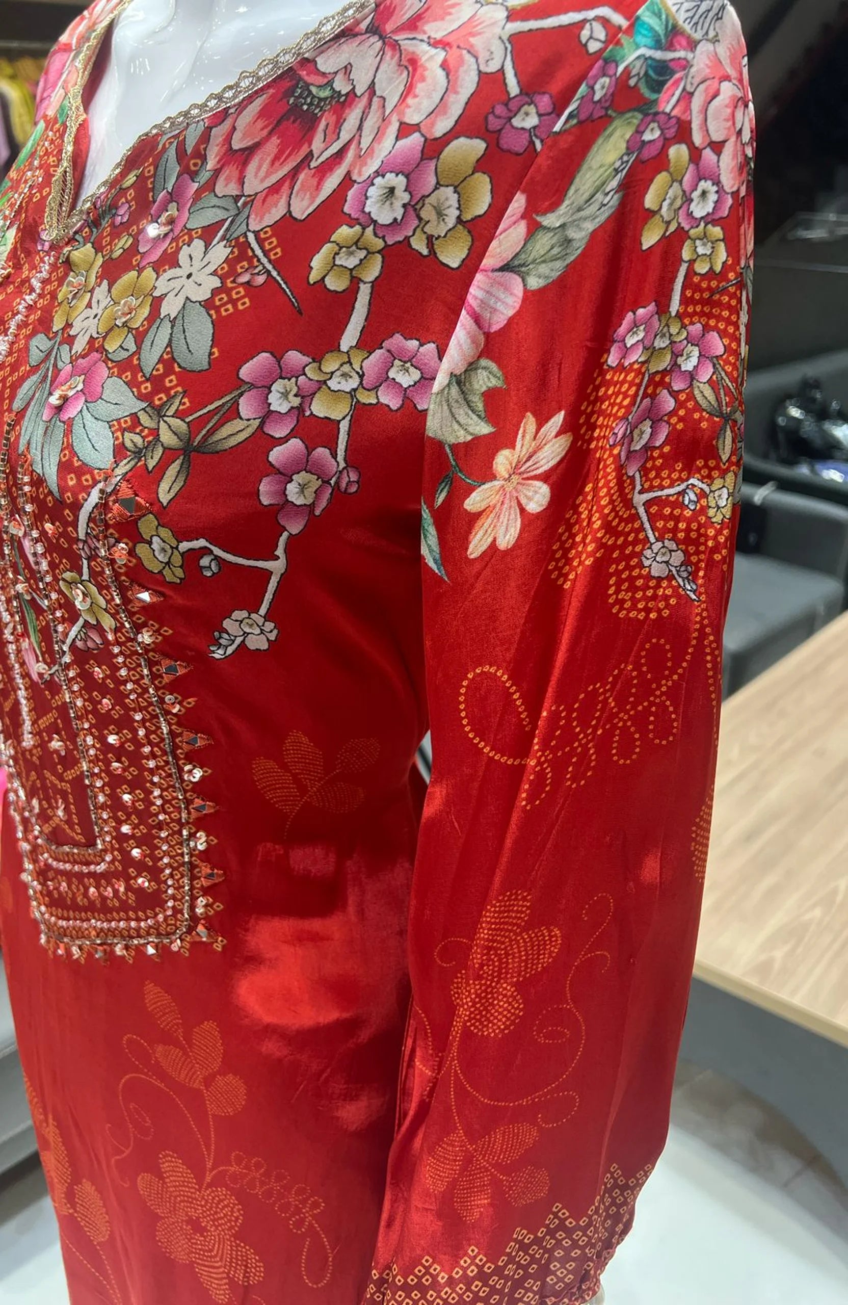 Deep Orange Natural Crepe Straight Suit Set for Women | Mirror & Lace Work Festive 3 Piece Suit