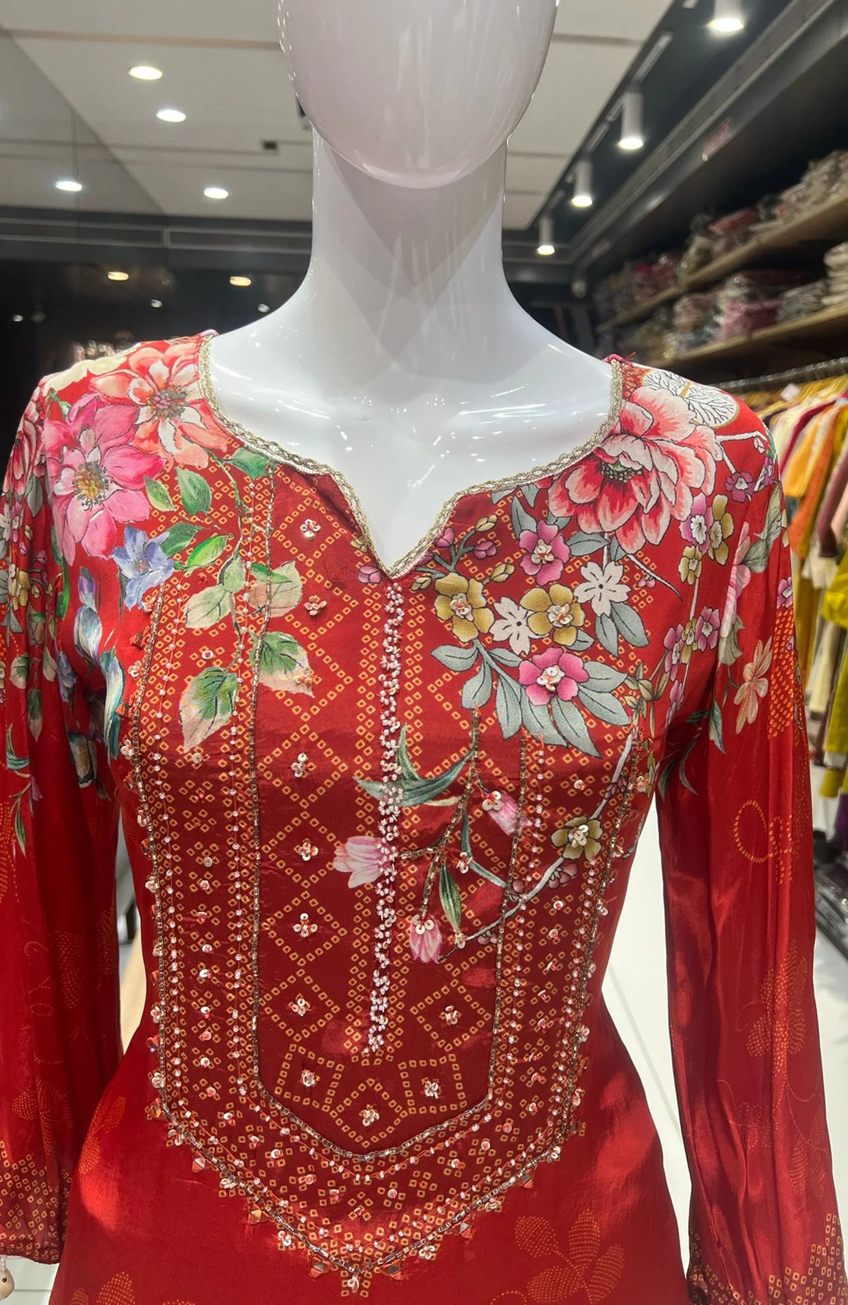 Deep Orange Natural Crepe Straight Suit Set for Women | Mirror & Lace Work Festive 3 Piece Suit