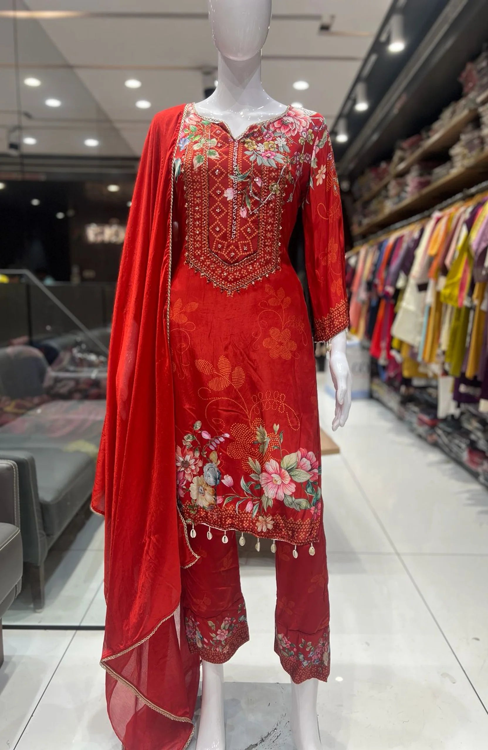Deep Orange Natural Crepe Straight Suit Set for Women | Mirror & Lace Work Festive 3 Piece Suit