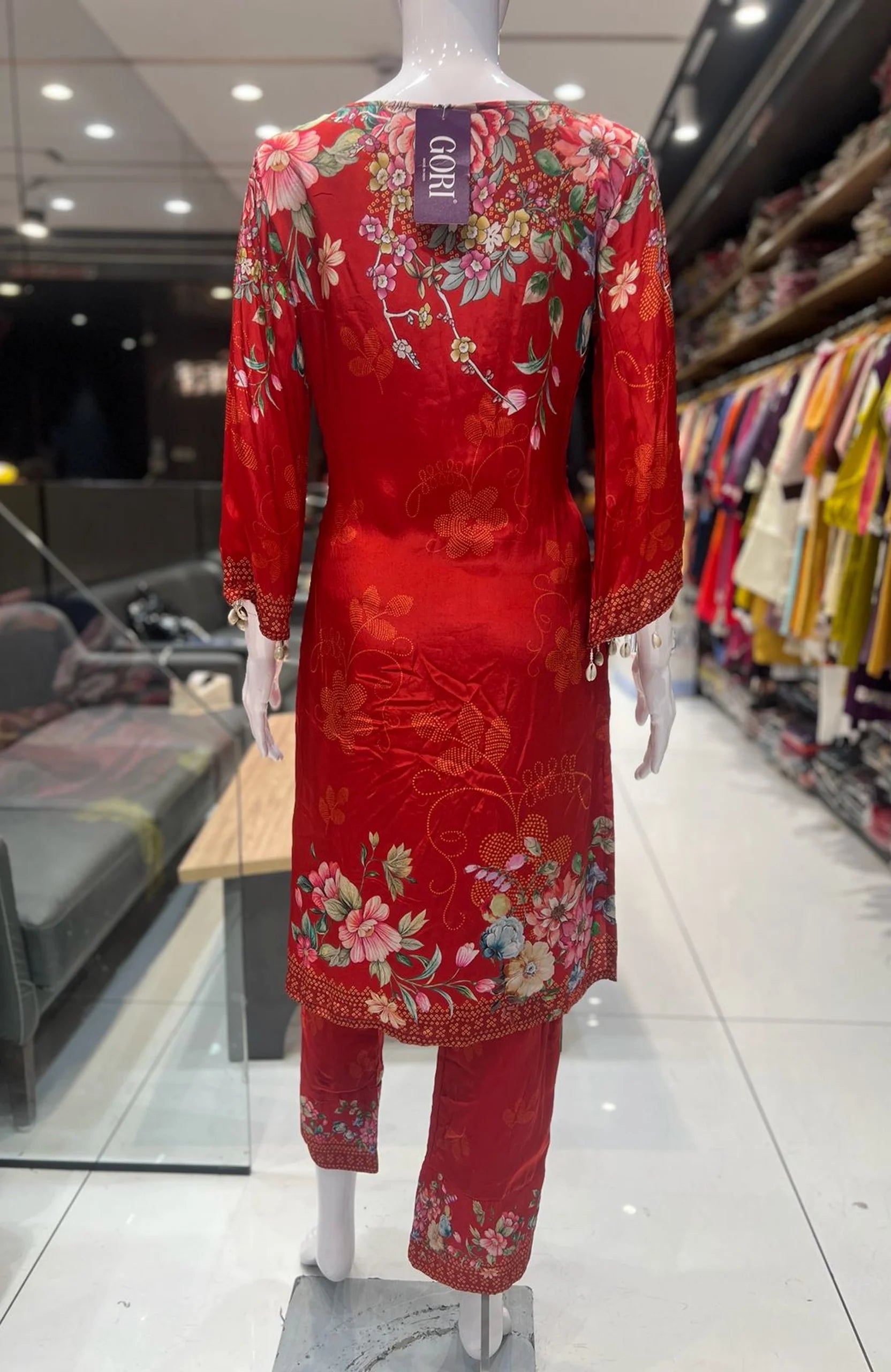 Deep Orange Natural Crepe Straight Suit Set for Women | Mirror & Lace Work Festive 3 Piece Suit