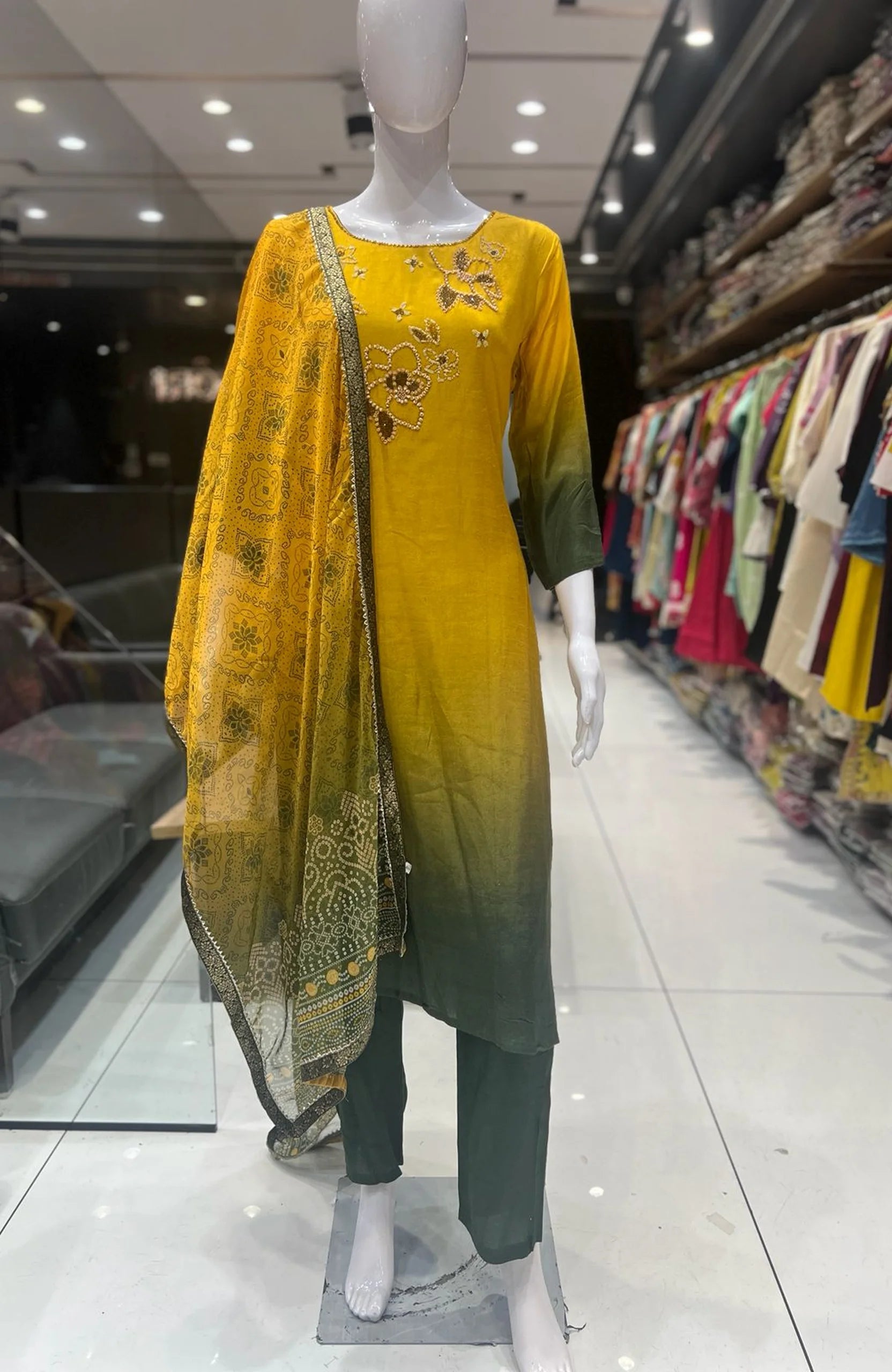 Yellow Dola Silk 3 Piece Suit Set for Women | Hand Work Straight Suit with Digital Print Dupatta