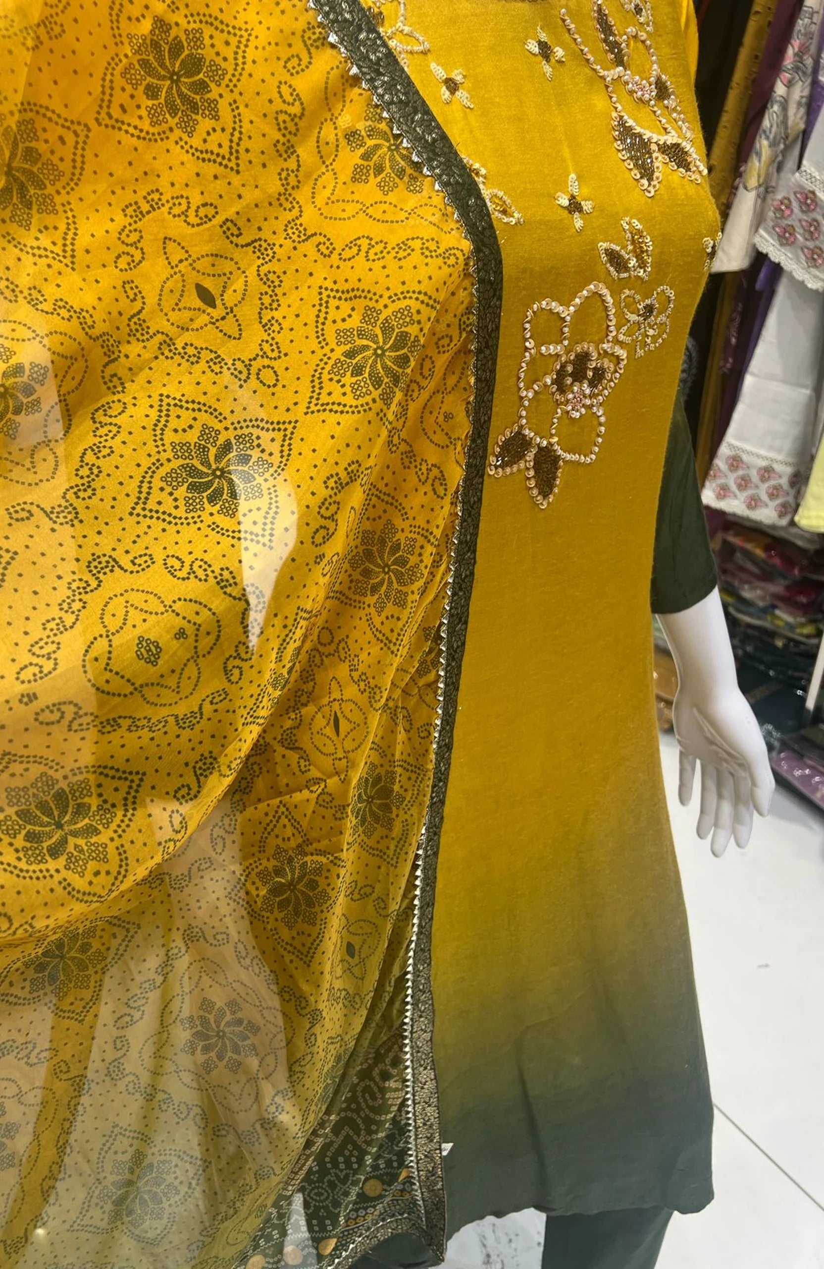 Yellow Dola Silk 3 Piece Suit Set for Women | Hand Work Straight Suit with Digital Print Dupatta