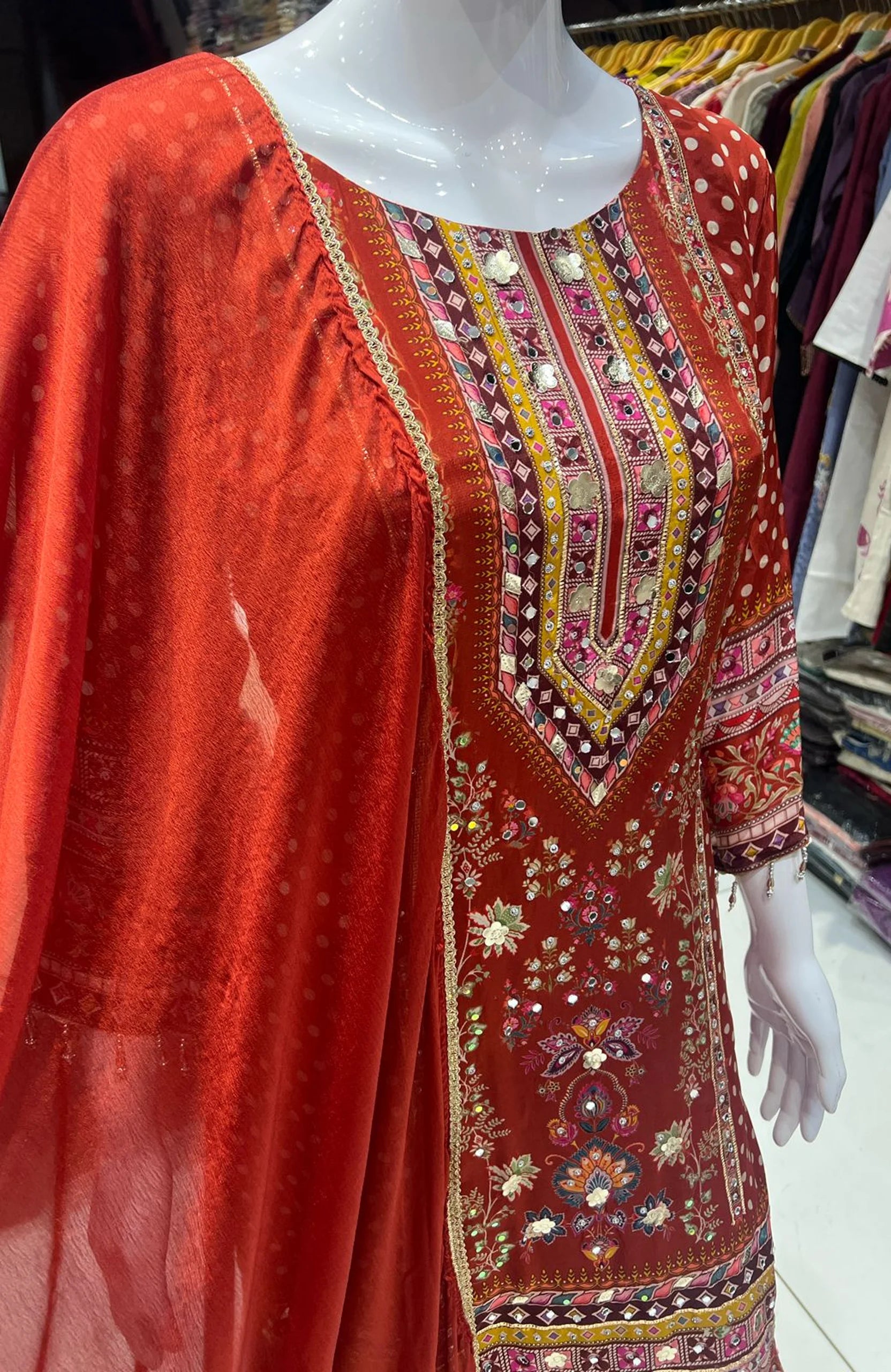 Red Natural Crepe Gota Patti Sharara Suit Set for Women | Digital Print Festive & Wedding Wear