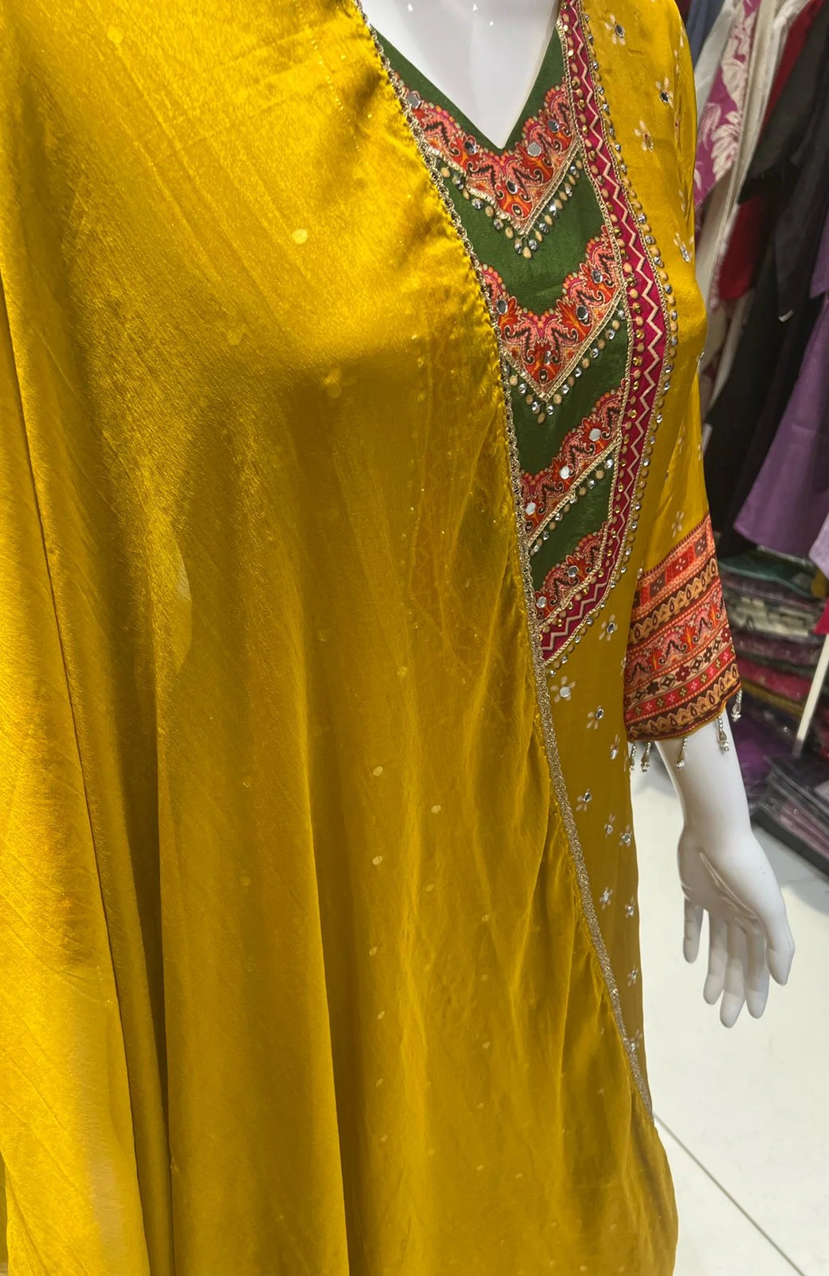 Mustard Natural Crepe Short Anarkali Suit Set for Women | Mirror Work Festive Ethnic Wear