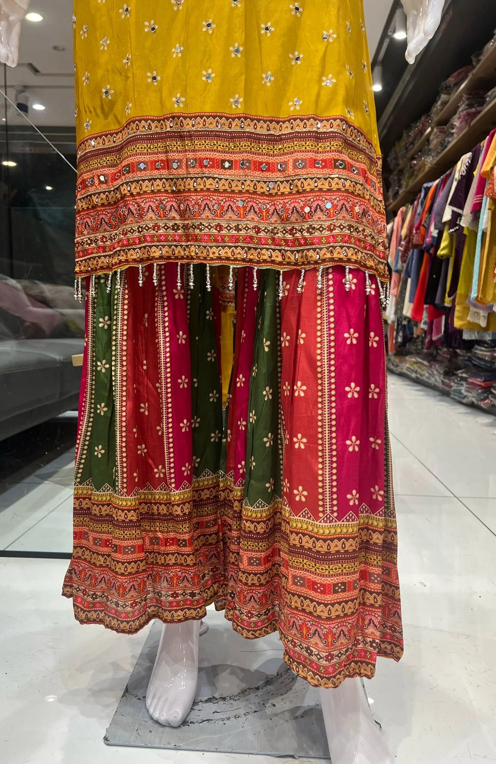 Mustard Natural Crepe Short Anarkali Suit Set for Women | Mirror Work Festive Ethnic Wear