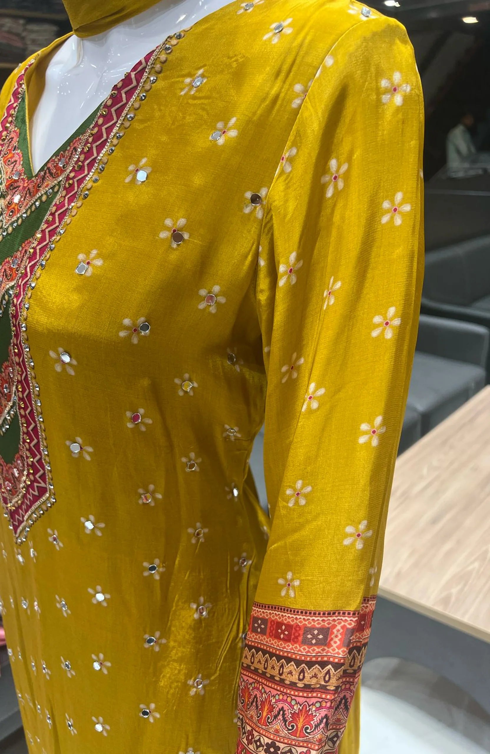 Mustard Natural Crepe Short Anarkali Suit Set for Women | Mirror Work Festive Ethnic Wear