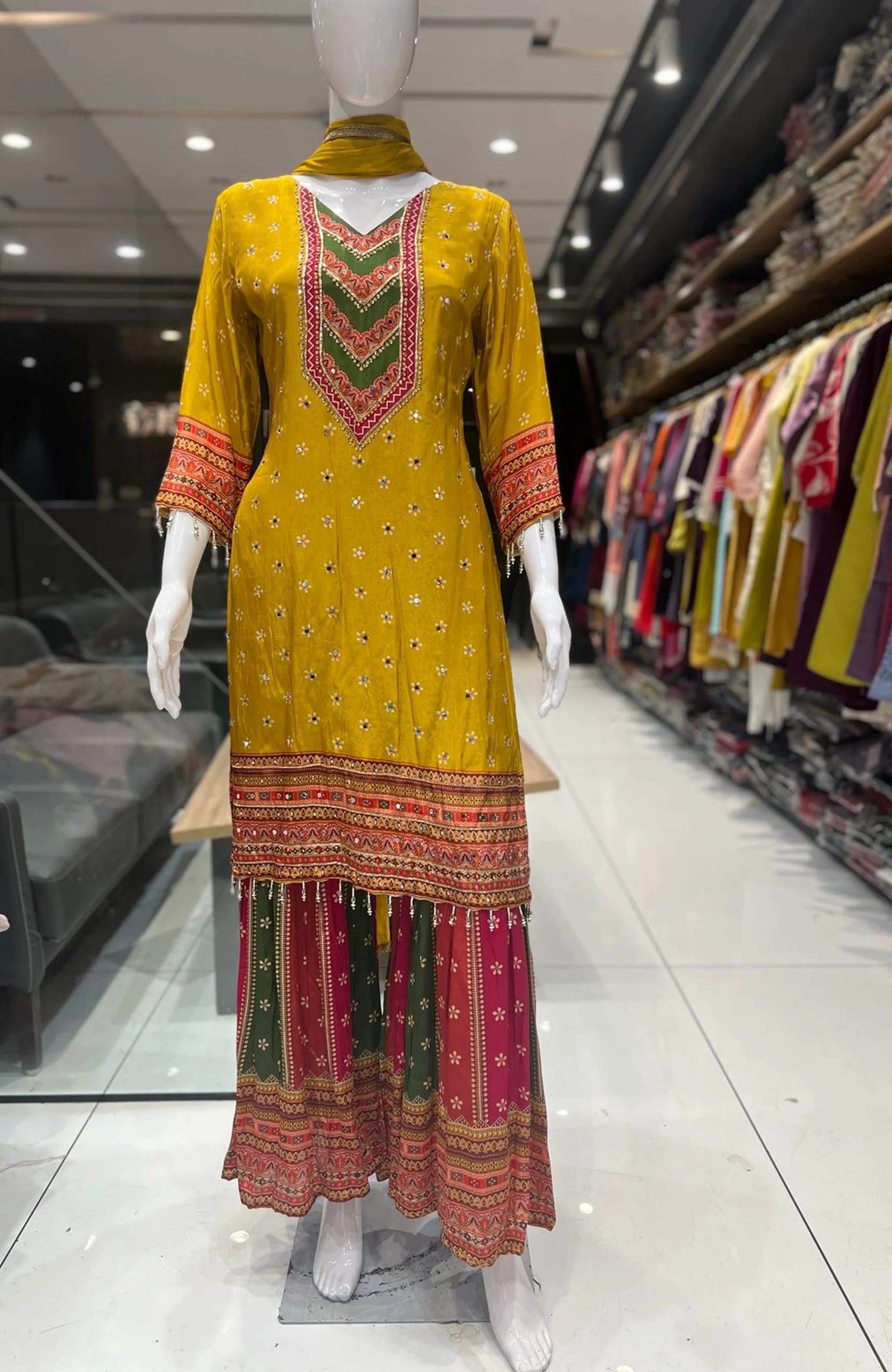 Mustard Natural Crepe Short Anarkali Suit Set for Women | Mirror Work Festive Ethnic Wear