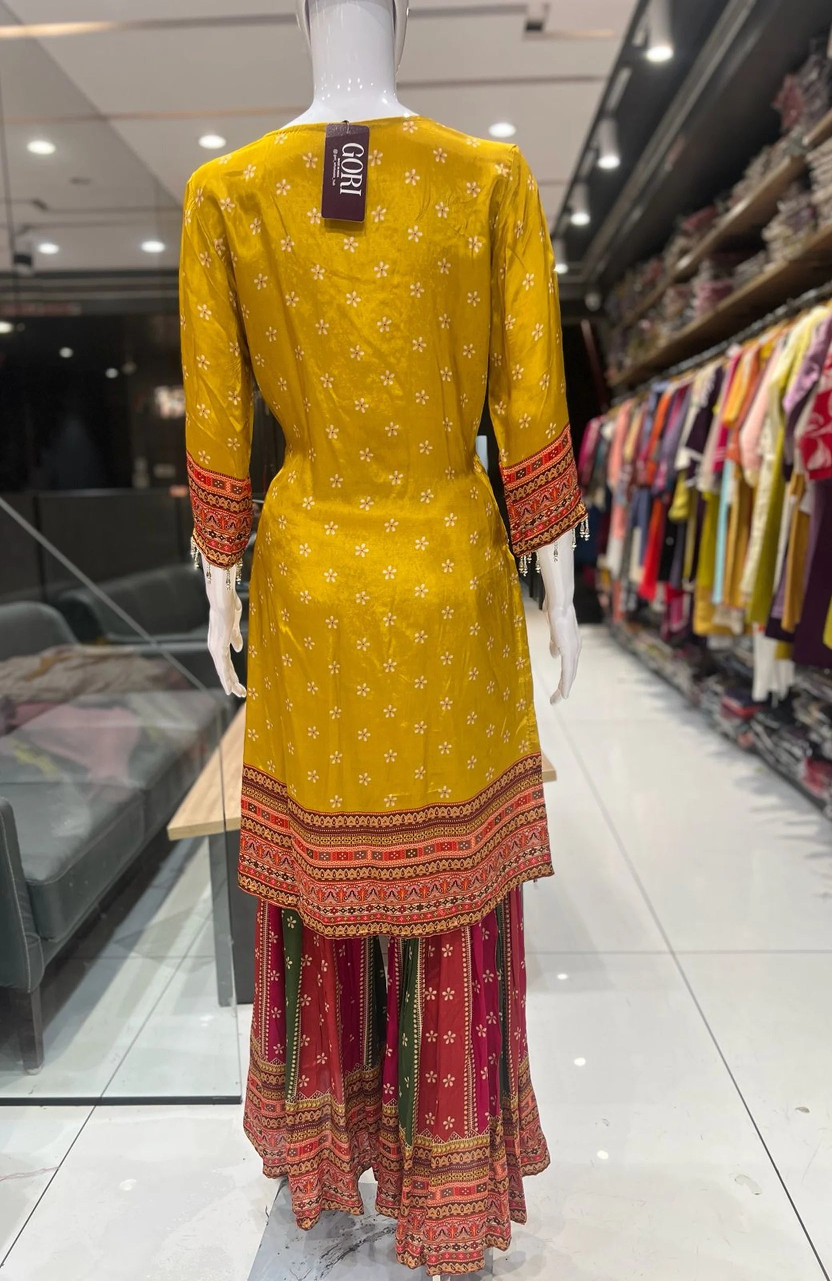Mustard Natural Crepe Short Anarkali Suit Set for Women | Mirror Work Festive Ethnic Wear