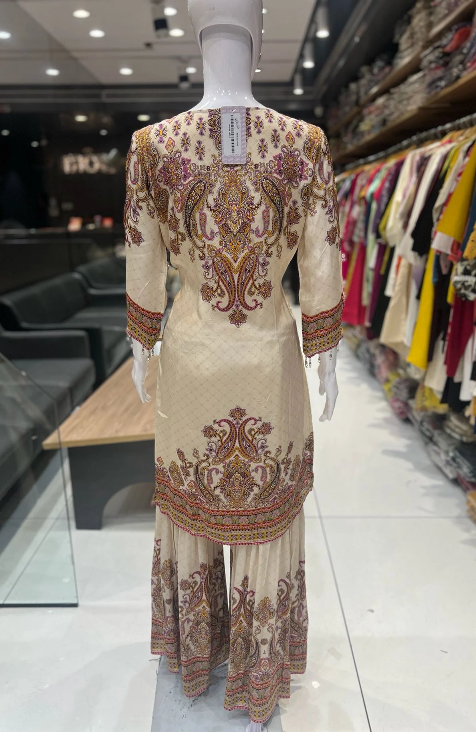 Cream Crepe Sharara Suit Set for Women | Mirror Work Digital Print Straight Kurta with Dupatta