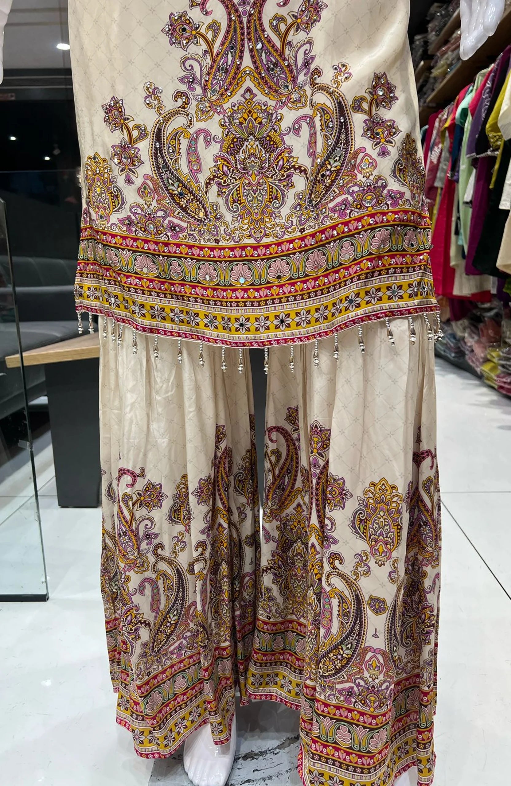 Cream Crepe Sharara Suit Set for Women | Mirror Work Digital Print Straight Kurta with Dupatta