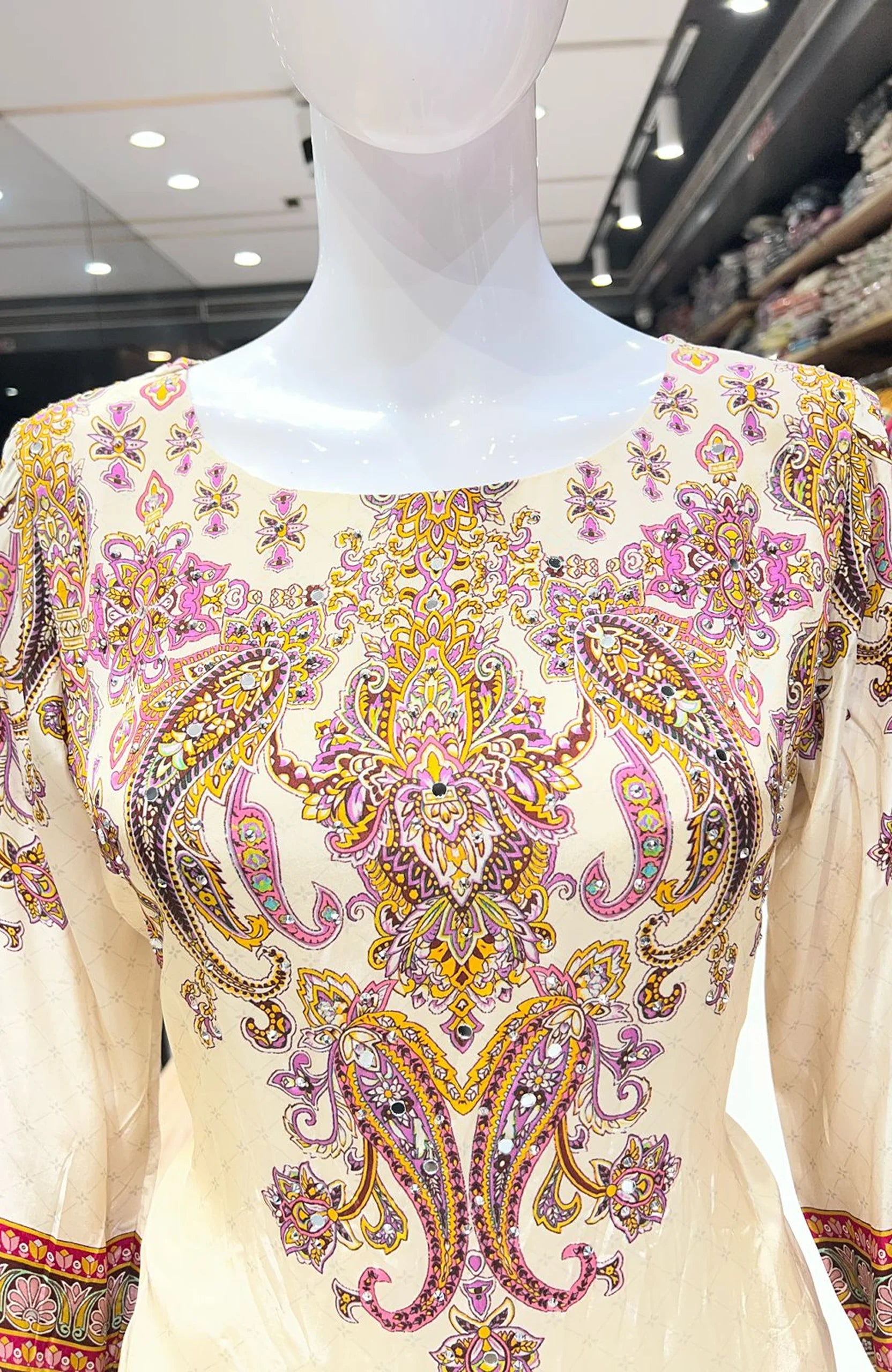Cream Crepe Sharara Suit Set for Women | Mirror Work Digital Print Straight Kurta with Dupatta