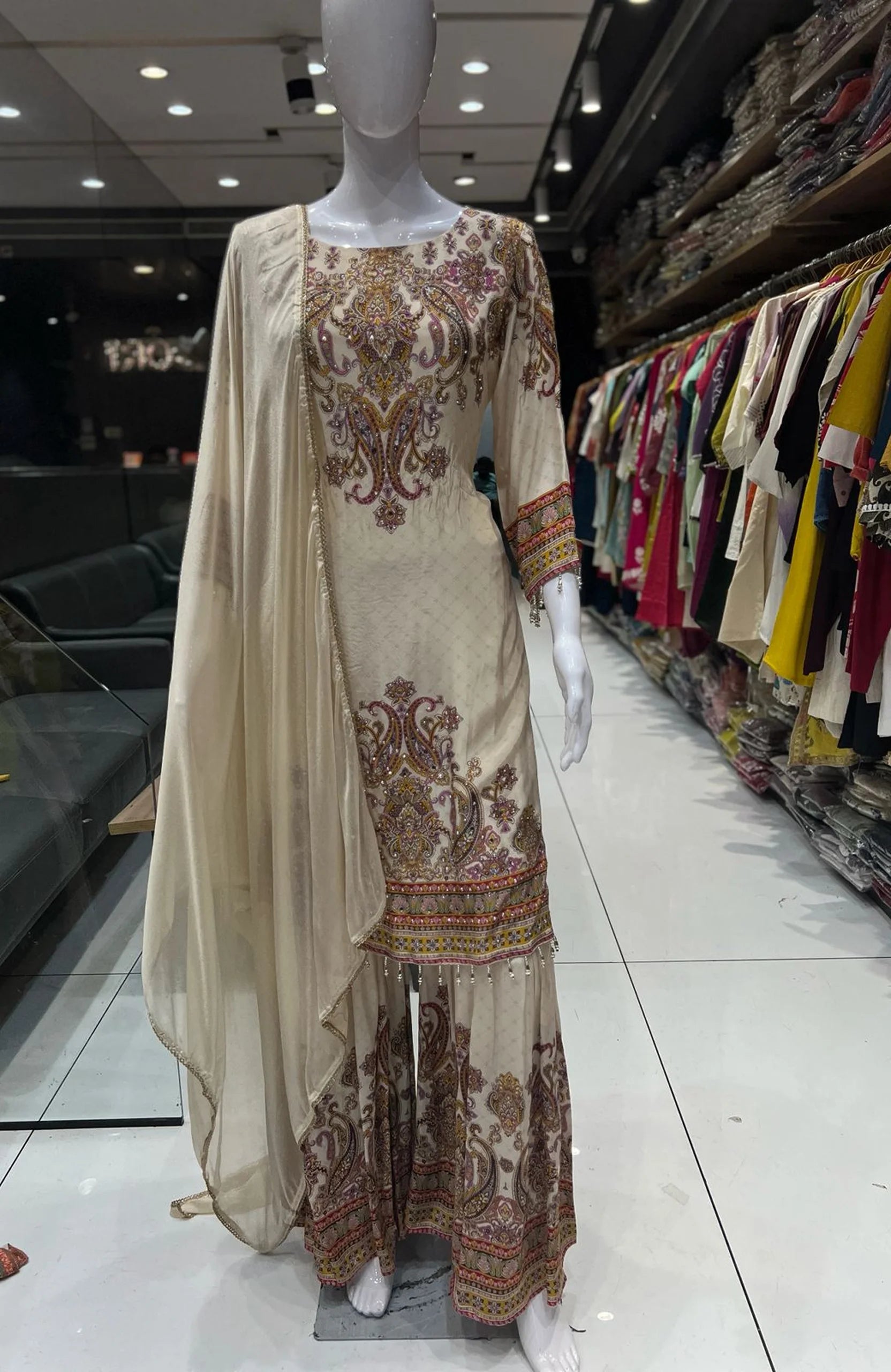 Cream Crepe Sharara Suit Set for Women | Mirror Work Digital Print Straight Kurta with Dupatta
