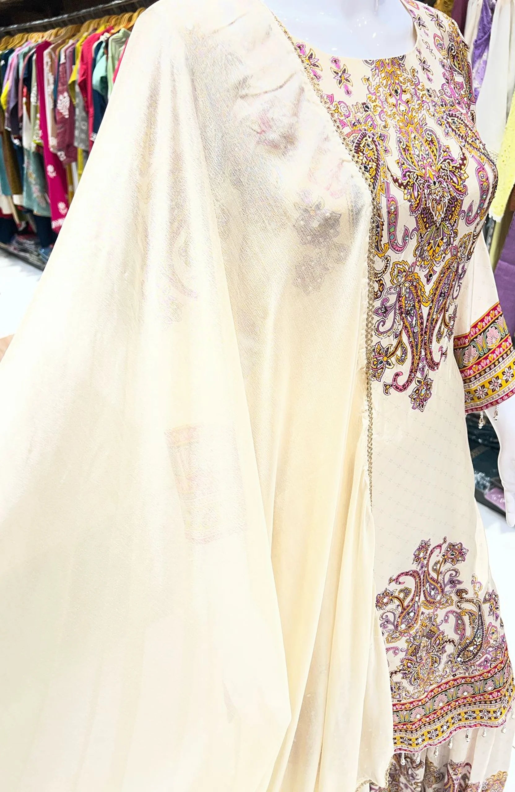 Cream Crepe Sharara Suit Set for Women | Mirror Work Digital Print Straight Kurta with Dupatta
